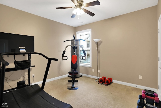 exercise area featuring carpet flooring and ceiling fan