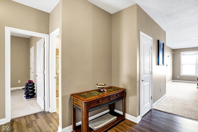 corridor featuring dark wood-type flooring