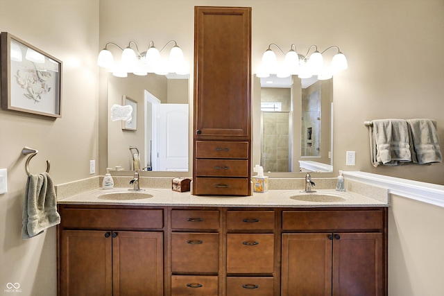 bathroom featuring vanity and a shower