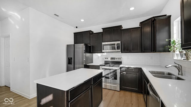 kitchen featuring sink, light wood-type flooring, appliances with stainless steel finishes, a kitchen island, and backsplash