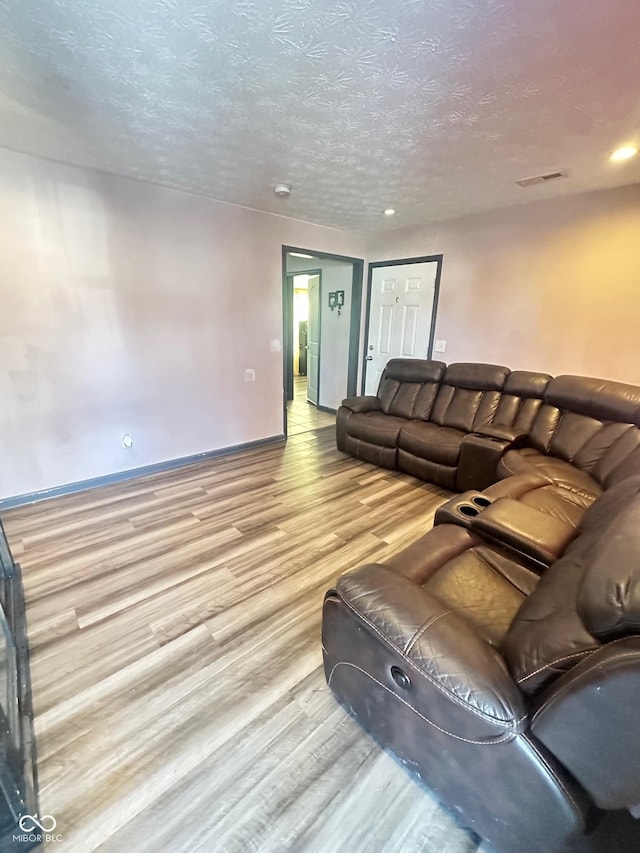 living room featuring hardwood / wood-style floors and a textured ceiling