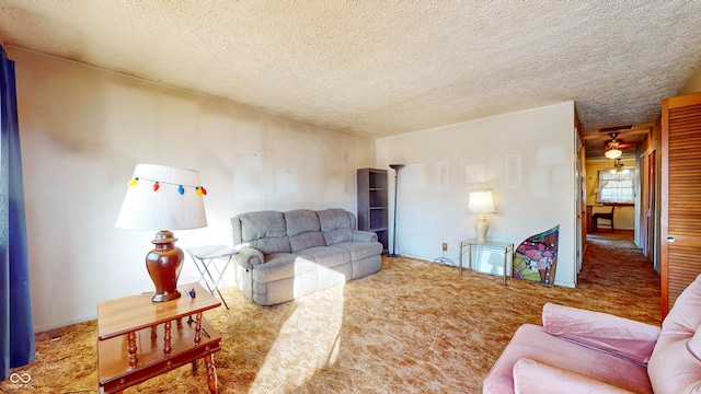 carpeted living room with a textured ceiling