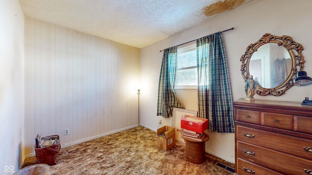 sitting room with a textured ceiling and carpet