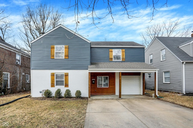 traditional-style home featuring driveway, brick siding, and roof with shingles