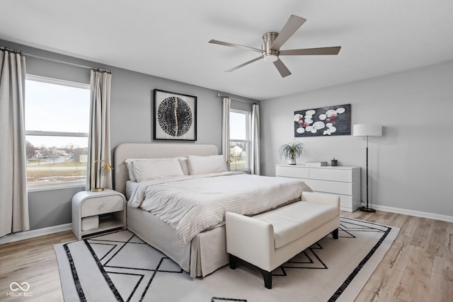 bedroom with ceiling fan and light wood-type flooring