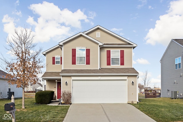 view of front property with cooling unit, a garage, and a front yard