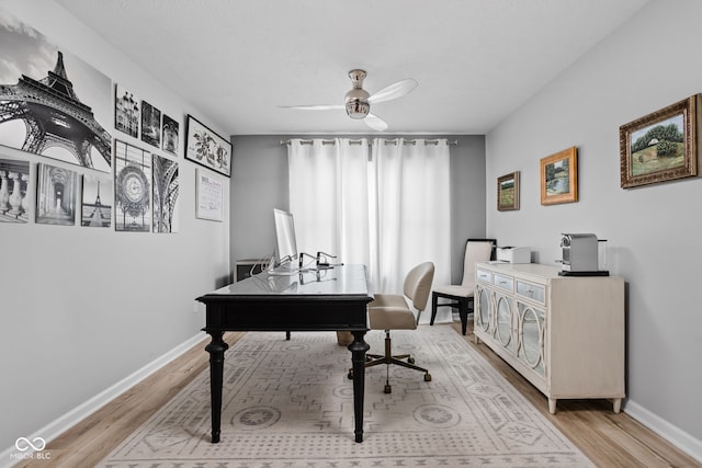 home office with ceiling fan and light hardwood / wood-style flooring