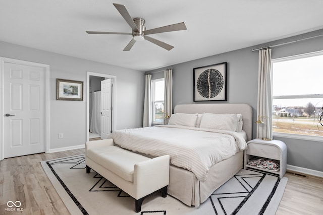 bedroom with ceiling fan and light wood-type flooring