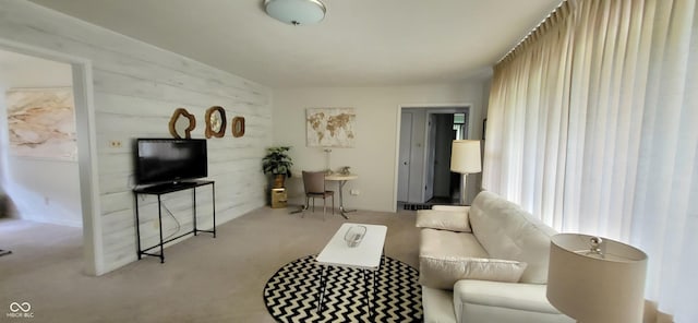 carpeted living room featuring wooden walls