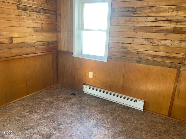 spare room featuring baseboard heating and wooden walls