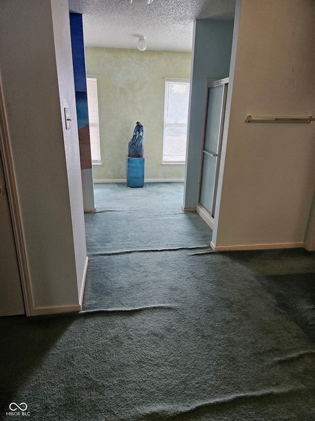 hallway with carpet and a textured ceiling