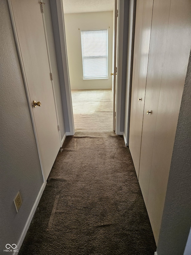 corridor featuring carpet floors and a textured ceiling