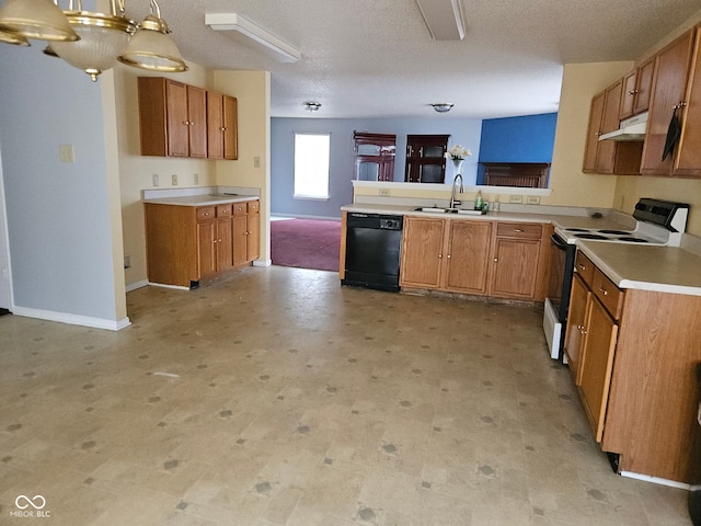 kitchen featuring dishwasher, sink, hanging light fixtures, a textured ceiling, and electric stove