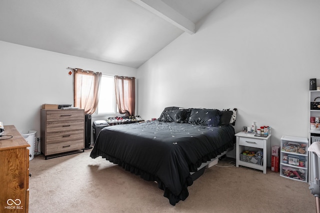 carpeted bedroom featuring high vaulted ceiling and beam ceiling