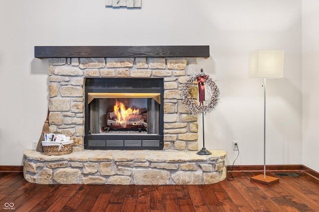 details featuring wood-type flooring and a stone fireplace