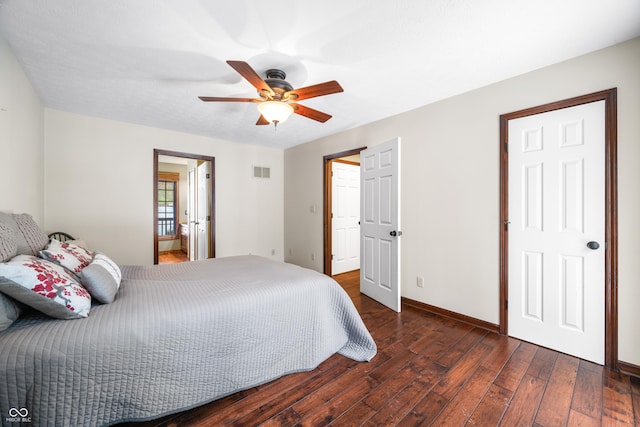 bedroom featuring dark wood-type flooring and ceiling fan