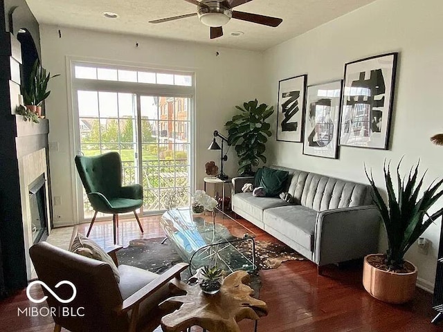 living room with ceiling fan and wood-type flooring