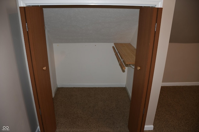 spacious closet featuring lofted ceiling and carpet floors