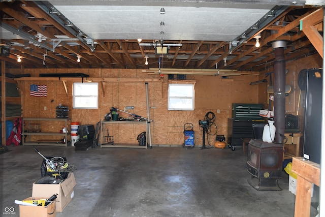 garage with a workshop area