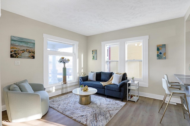 living room featuring a textured ceiling and light wood-type flooring