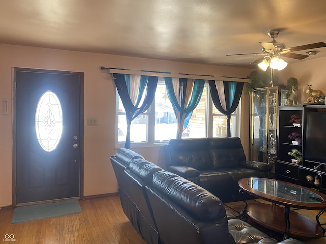 living room with plenty of natural light, light hardwood / wood-style floors, and ceiling fan