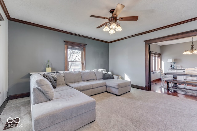 carpeted living room featuring crown molding, ceiling fan with notable chandelier, and a textured ceiling