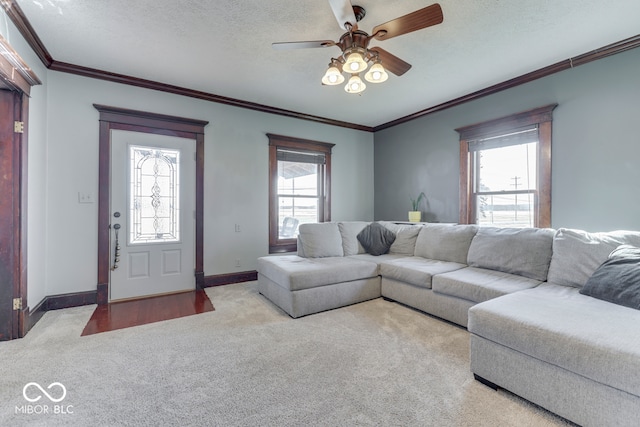 living room with ceiling fan, ornamental molding, light colored carpet, and a textured ceiling