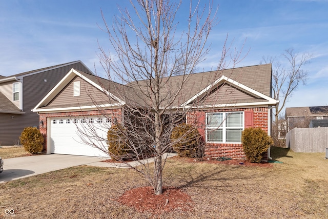 ranch-style home with a garage and a front yard