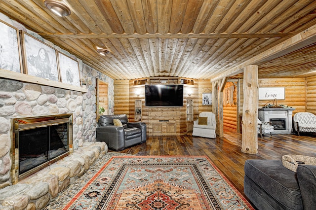 living room featuring lofted ceiling, wooden ceiling, dark hardwood / wood-style floors, log walls, and a fireplace