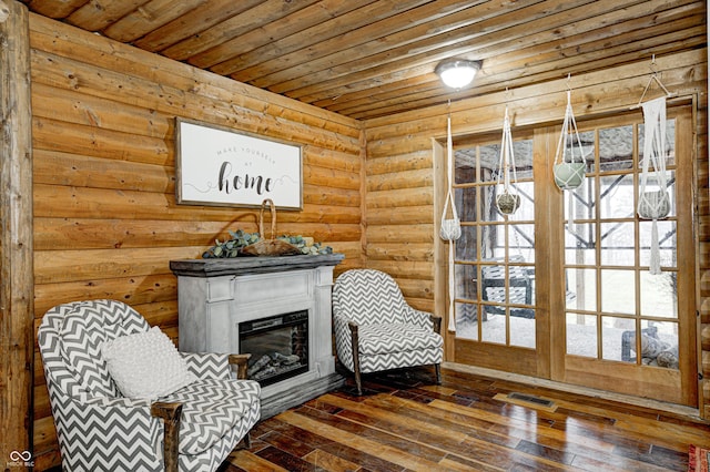 living area with dark wood-type flooring and wood ceiling