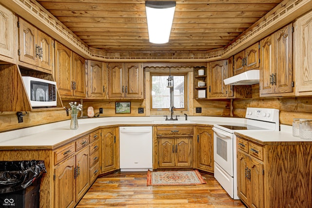 kitchen featuring white appliances, light hardwood / wood-style floors, sink, and wooden ceiling