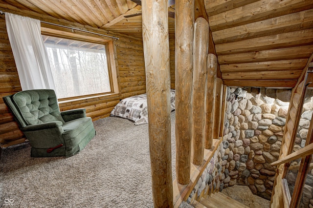 sitting room featuring carpet floors, log walls, vaulted ceiling, and wooden ceiling