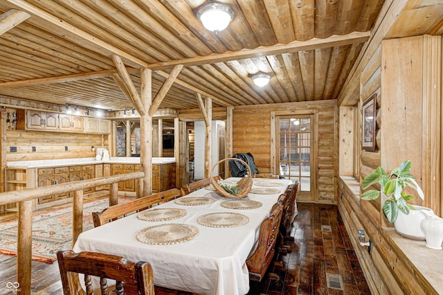 dining area featuring wood ceiling, log walls, and dark wood-type flooring