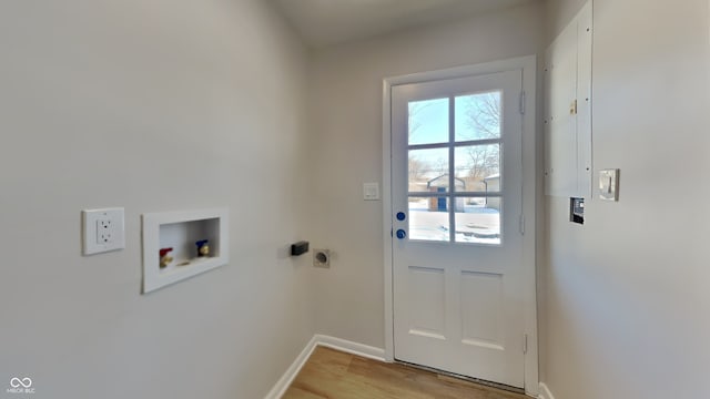 doorway to outside with electric panel and light wood-type flooring