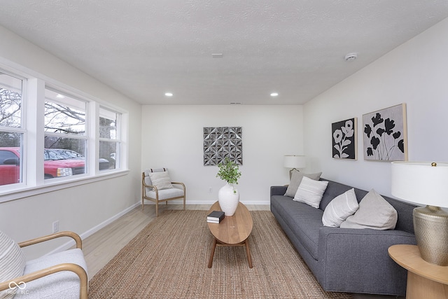 living room with hardwood / wood-style flooring and a textured ceiling