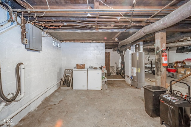 basement featuring fridge, electric panel, and water heater