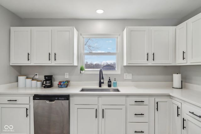 kitchen with sink, stainless steel dishwasher, and white cabinets