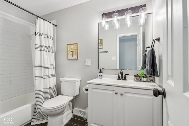 full bathroom with vanity, shower / bathtub combination with curtain, and toilet