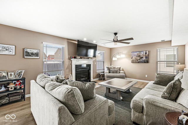 living room with wood-type flooring and ceiling fan