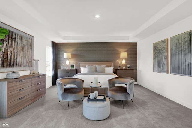 bedroom featuring carpet floors and a raised ceiling