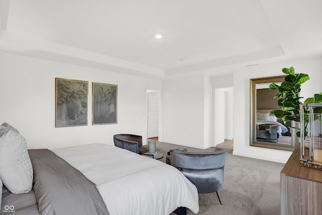 carpeted bedroom with a tray ceiling