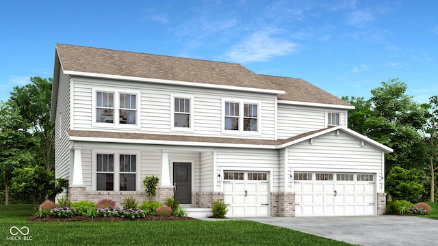 view of front of house with an attached garage, driveway, a shingled roof, and brick siding