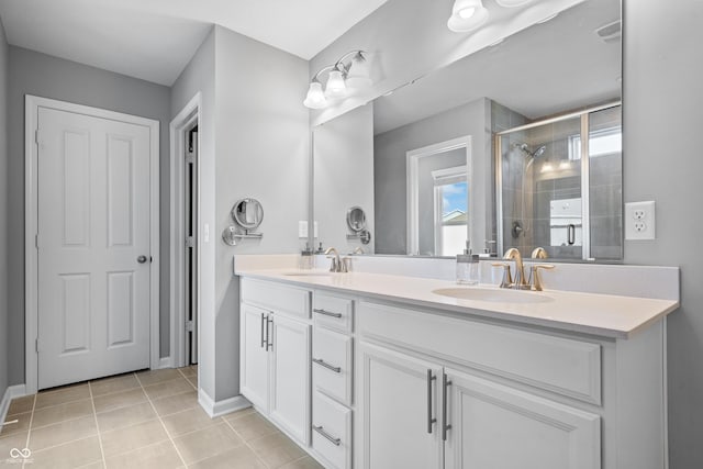 bathroom with vanity, tile patterned floors, and walk in shower