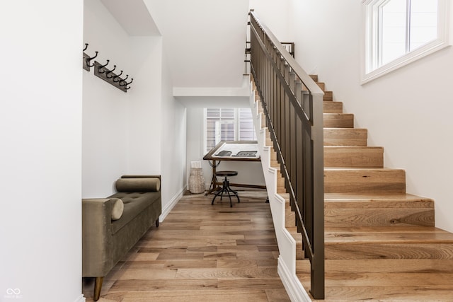 staircase with wood-type flooring