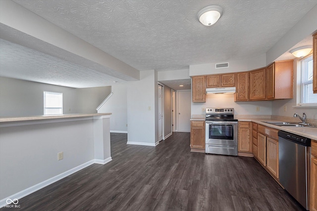 kitchen featuring dark hardwood / wood-style flooring, sink, plenty of natural light, and stainless steel appliances