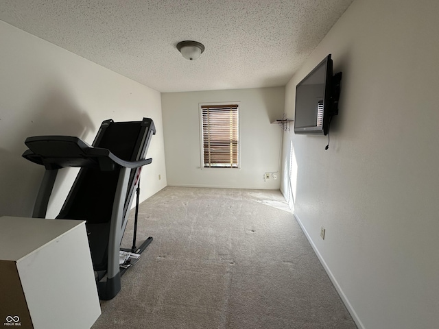 workout area featuring light carpet and a textured ceiling