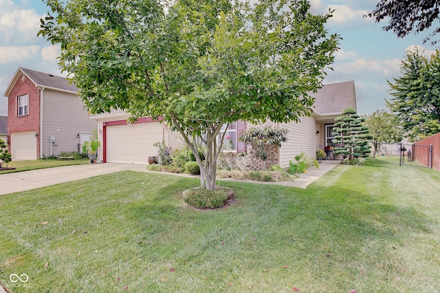 obstructed view of property featuring a garage and a front lawn