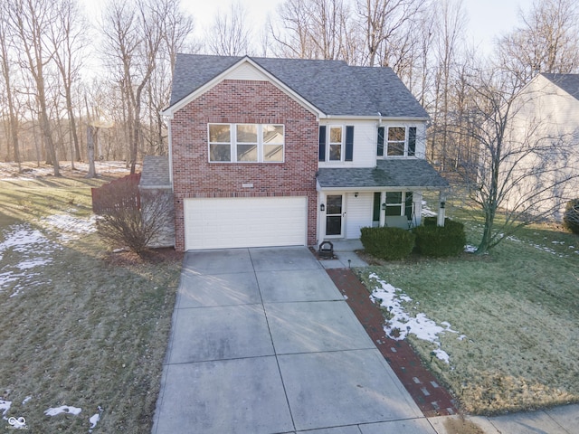 view of front facade featuring a porch, a garage, and a front yard