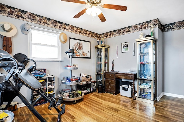 miscellaneous room with ceiling fan and wood-type flooring