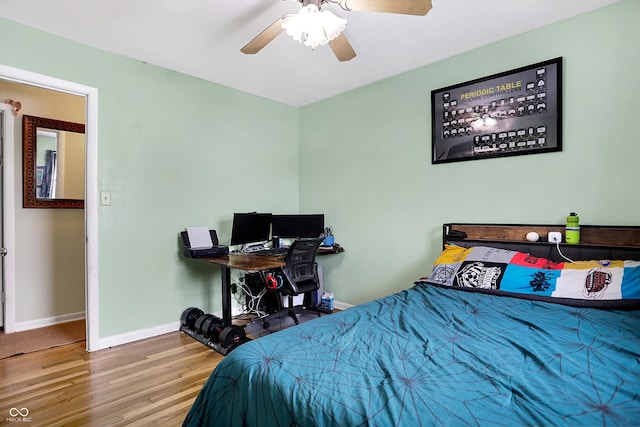 bedroom with hardwood / wood-style floors and ceiling fan